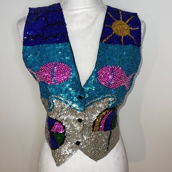 Serious Fun Sequin Vest Womens Size Small S Vintage Cotton Back Tie Front Snaps - Picture 6 of 11